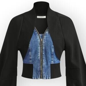 Commense Puff Sleeve Cropped Jacket Denim Panel Zip Front Black M Parisian Chic